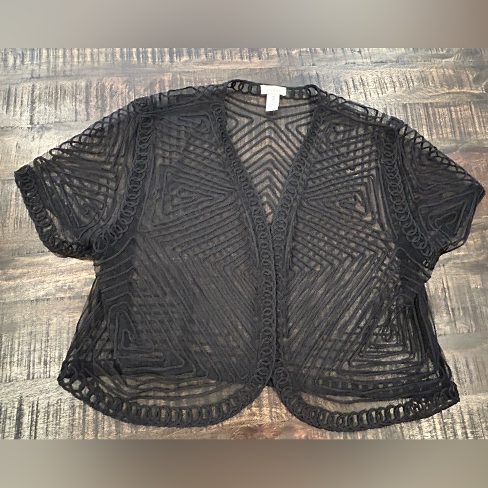 Chico's Suri Soutache Shrug Size 3 XL Black Mesh  Bolero Coverup